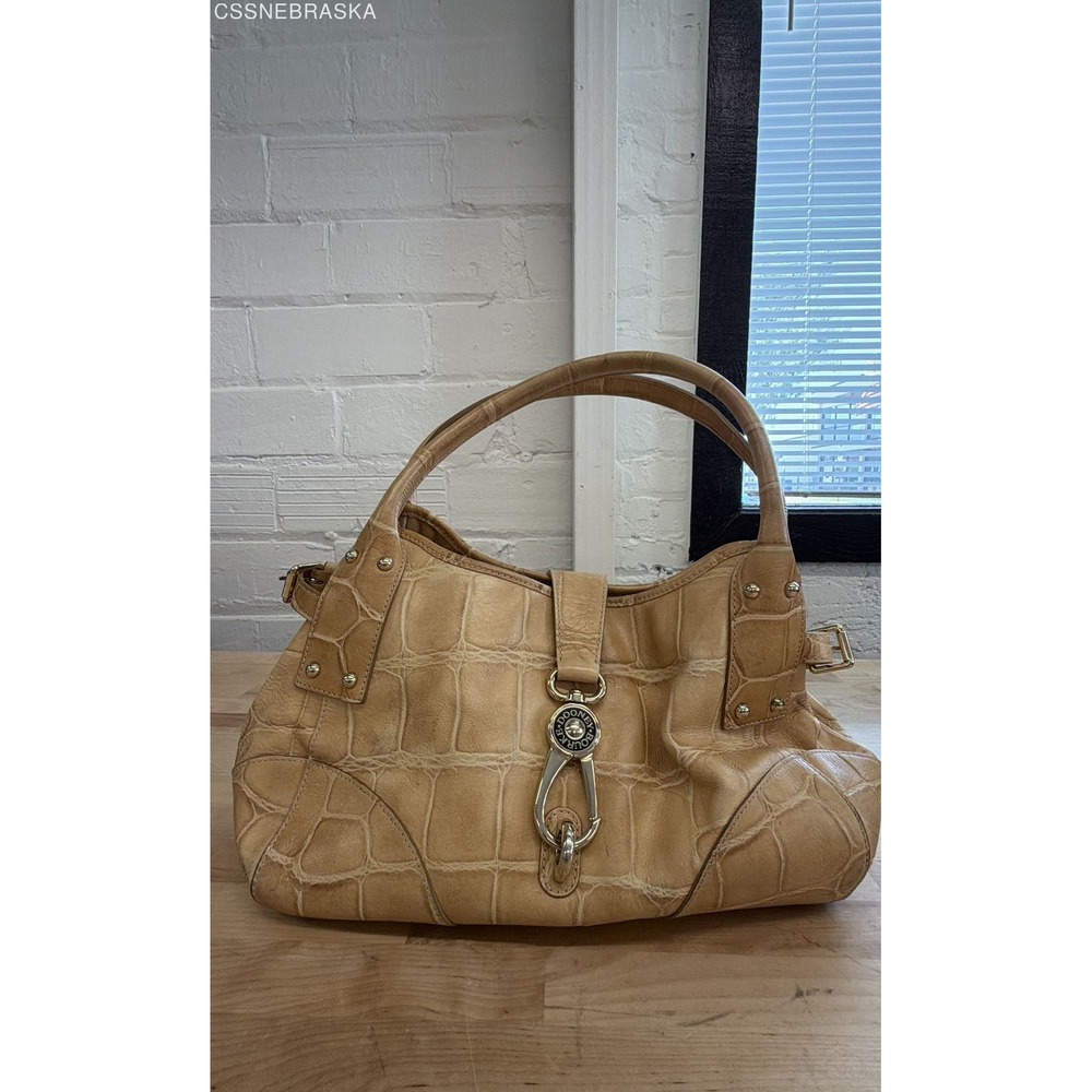 Dooney & Bourke Tan Belvedere Croc Embossed Leather Logo Lock Hobo Bag Large